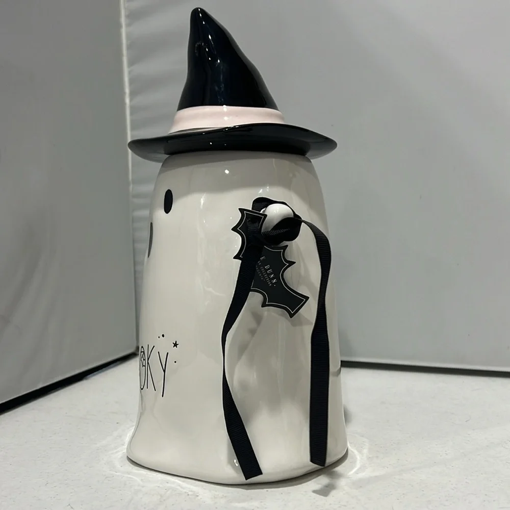 ✨NEW👻Rae Dunn 2024 Spooky Ghost with Witch Hat Cookie Jar Canister🖤 - Picture 2 of 8